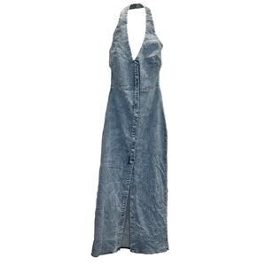 Selfie Leslie – Renita Halterneck Button Maxi Dress – Denim Blue – Size Small